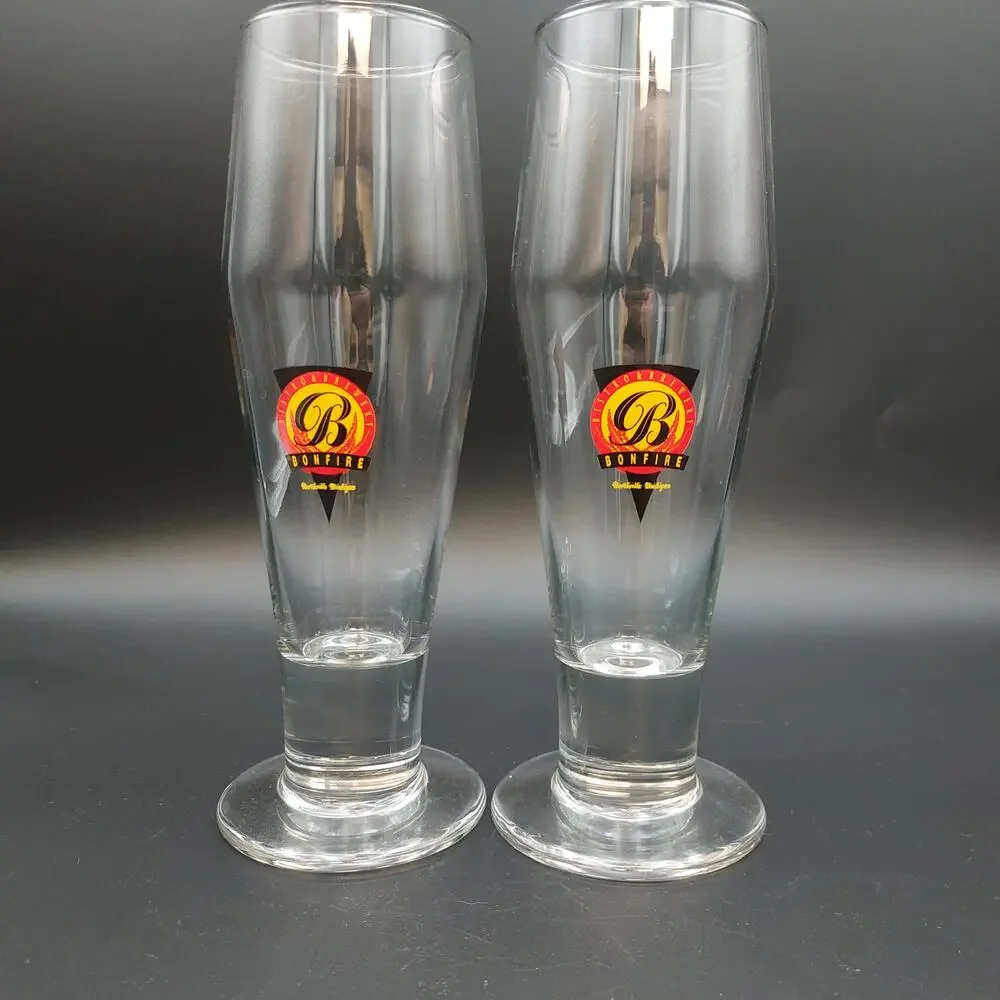 Vintage Bonfire Bistro Brewery Beer Glasses Pair Defunct Northville Michigan